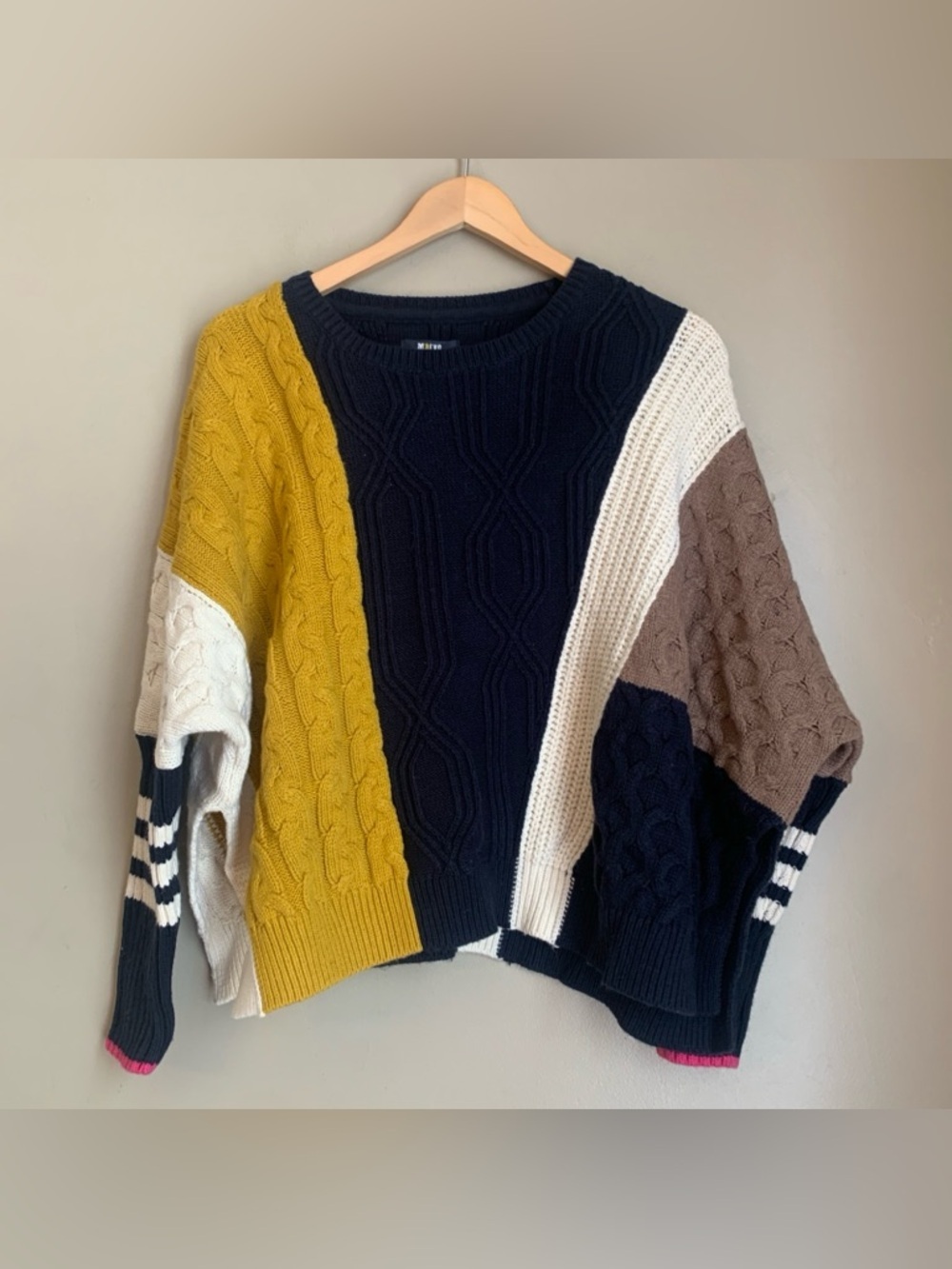 Anthropologie Maeve Oversized Boxy Colorblock Cable Knit Wool Sweater Small NWT